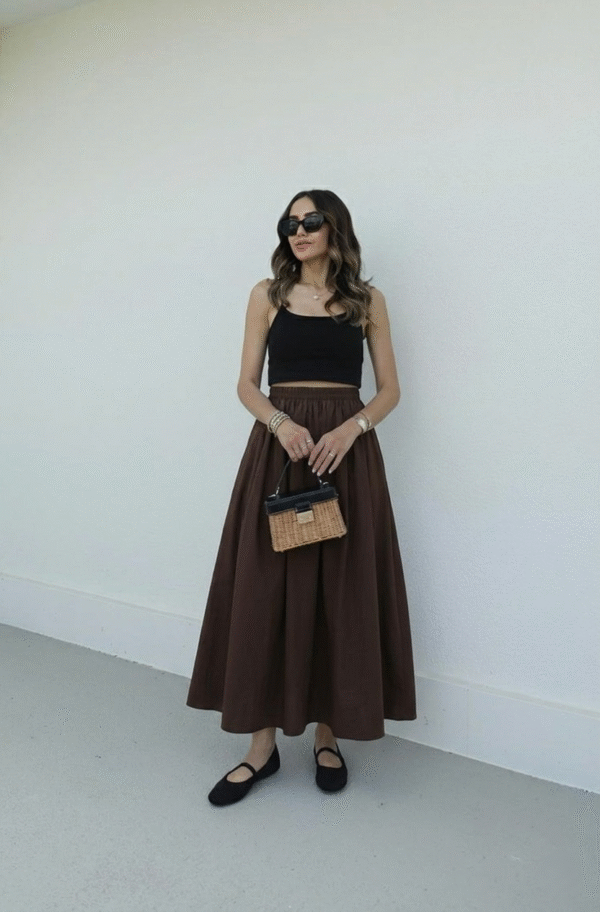 Poplin Skirt with Elastic Waist - Brown