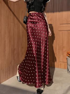 Polka Dot Satin Skirt - BURGUNDY