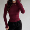 Basic High-Neck Thumbhole Blouse - Burgundy