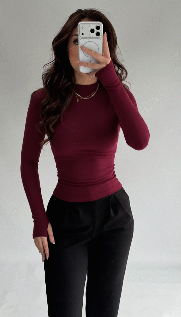 Basic High-Neck Thumbhole Blouse - Burgundy