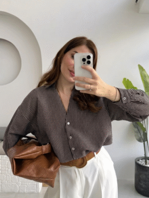 Striped Oversized Shirt - Dark Brown