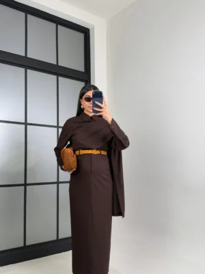 Shirt and Skirt Set with Shawl Detail on the Collar - Brown