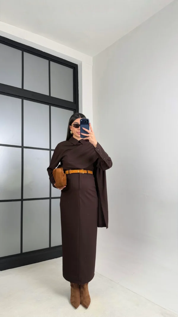 Shirt and Skirt Set with Shawl Detail on the Collar - Brown
