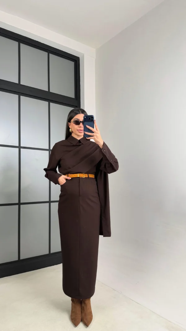 Shirt and Skirt Set with Shawl Detail on the Collar - Brown