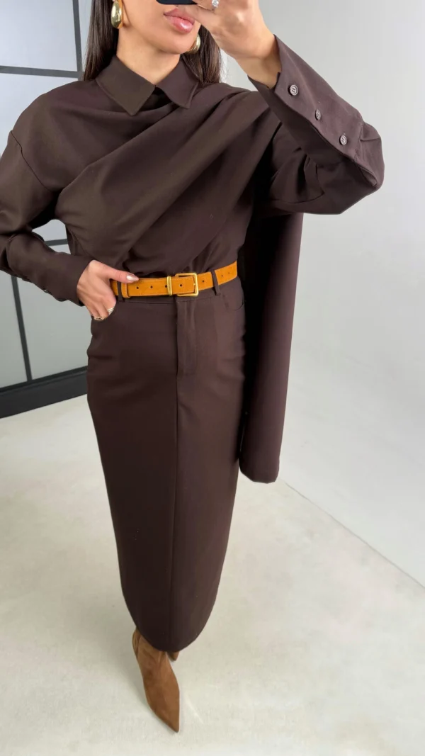 Shirt and Skirt Set with Shawl Detail on the Collar - Brown