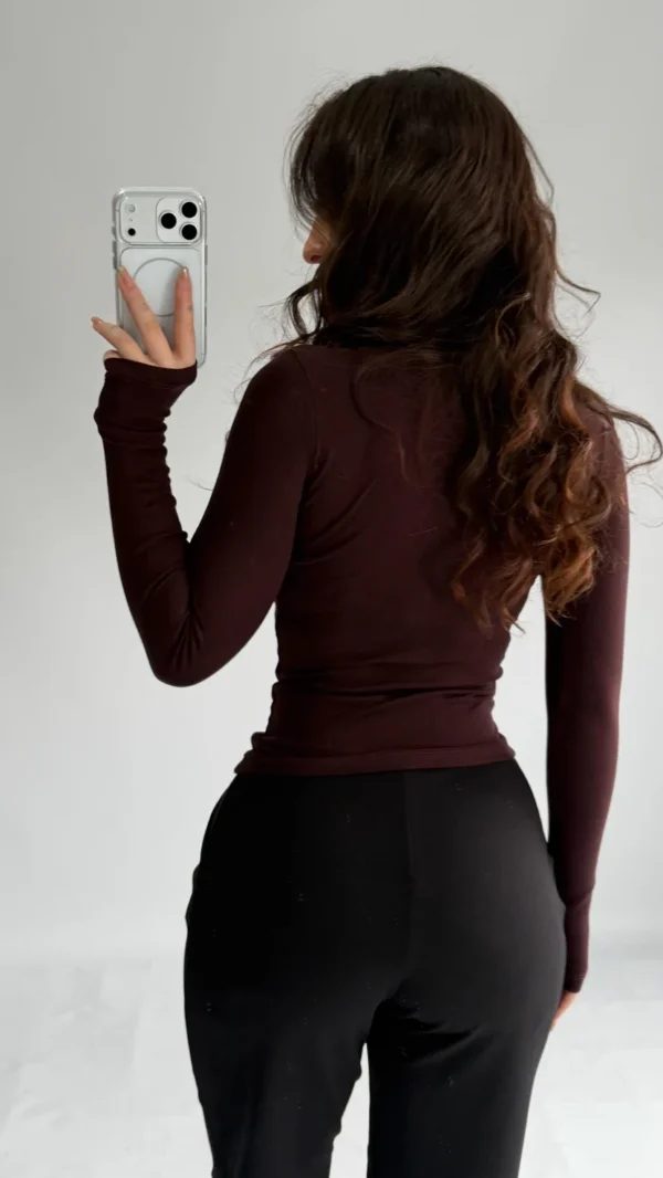 Basic High-Neck Thumbhole Blouse - Brown