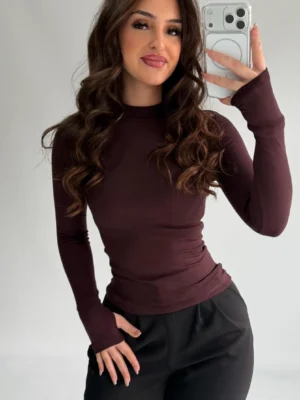 Basic High-Neck Thumbhole Blouse - Brown