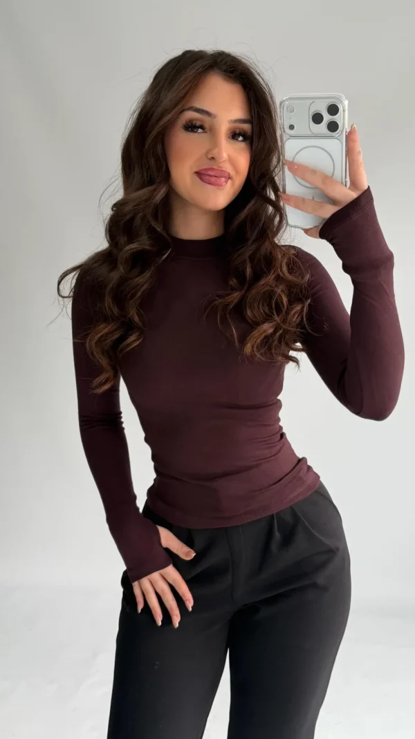 Basic High-Neck Thumbhole Blouse - Brown