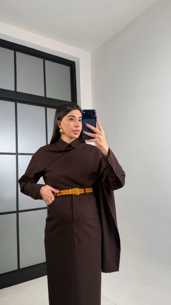 Shirt and Skirt Set with Shawl Detail on the Collar - Brown