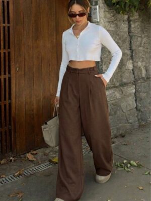 Side Buttoned Palazzo Pants - Brown