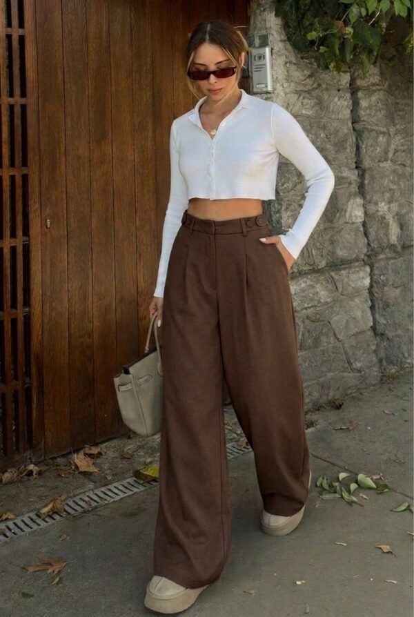 Side Buttoned Palazzo Pants - Brown