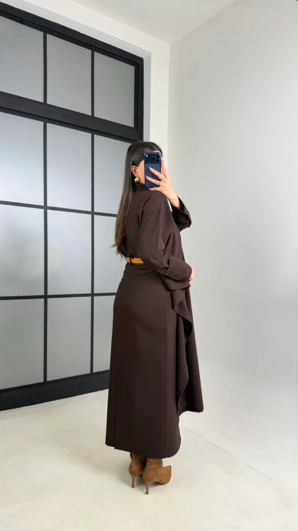 Shirt and Skirt Set with Shawl Detail on the Collar - Brown