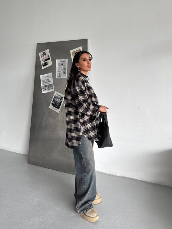 Plaid Oversized Shirt - Gray & Beige