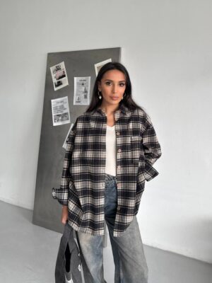 Plaid Oversized Shirt - Gray & Beige