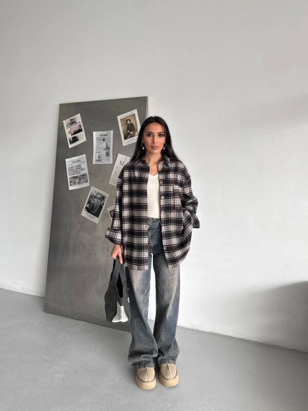 Plaid Oversized Shirt - Gray & Beige