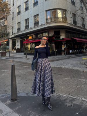 Plaid Maxi Skirt - Navy Blue