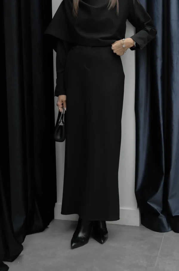 Shirt and Skirt Set with Shawl Detail on the Collar - Black