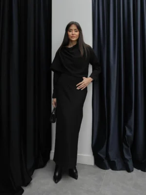 Shirt and Skirt Set with Shawl Detail on the Collar - Black