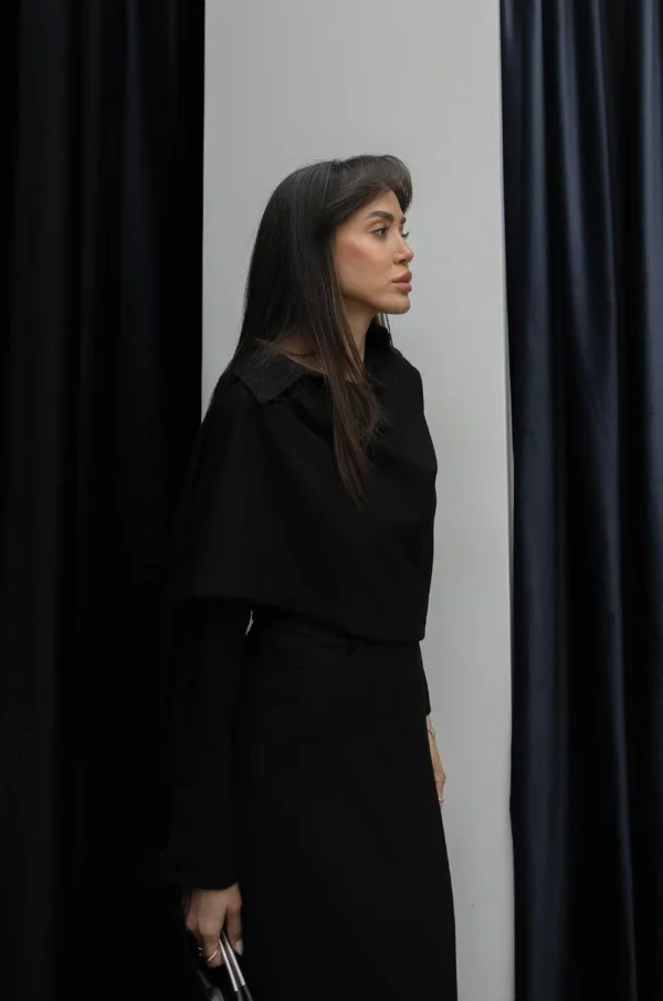 Shirt and Skirt Set with Shawl Detail on the Collar - Black