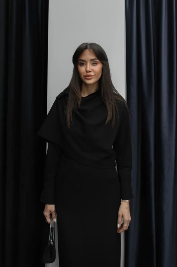 Shirt and Skirt Set with Shawl Detail on the Collar - Black