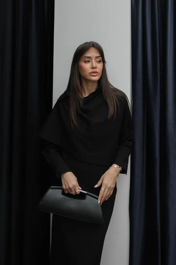 Shirt and Skirt Set with Shawl Detail on the Collar - Black