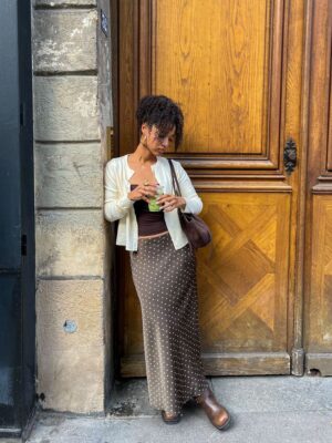 Polka Dot Satin Skirt - BROWN