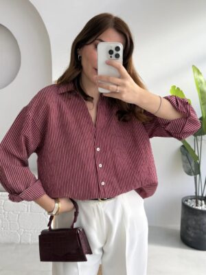 Striped Oversized Shirt - Burgundy