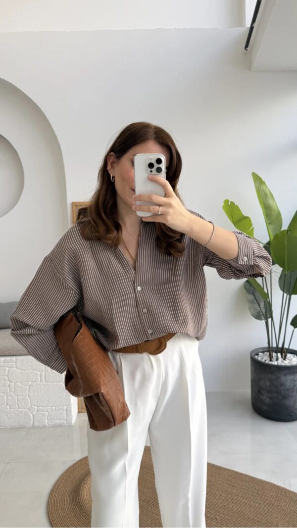 Striped Oversized Shirt - Brown