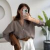 Striped Oversized Shirt - Brown