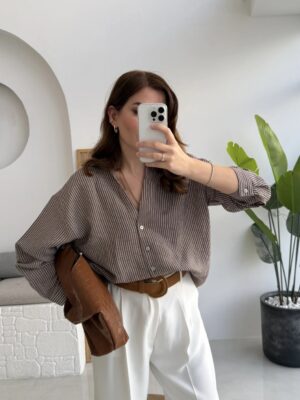 Striped Oversized Shirt - Brown