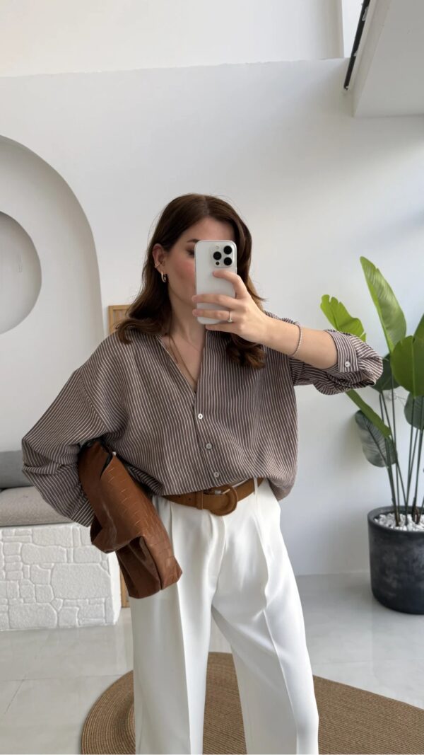 Striped Oversized Shirt - Brown