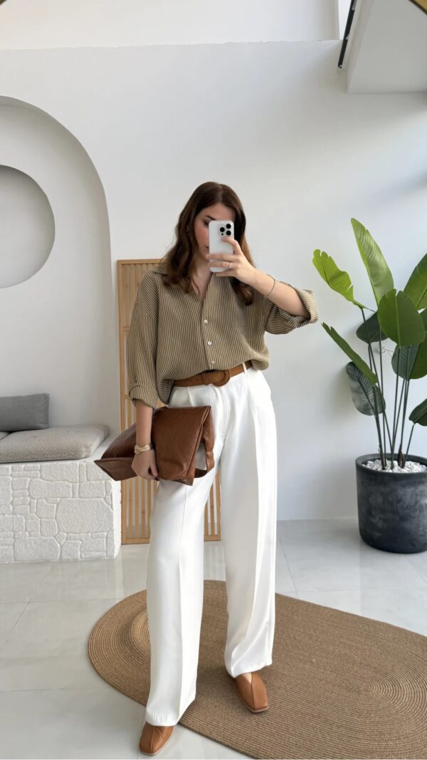 Striped Oversized Shirt - Olive Green