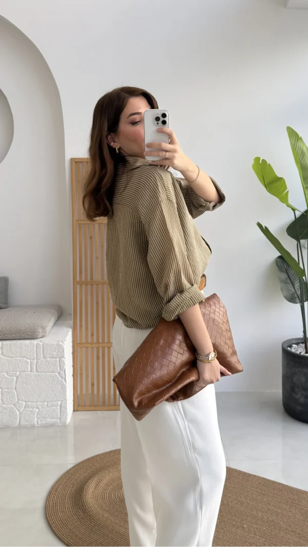 Striped Oversized Shirt - Olive Green