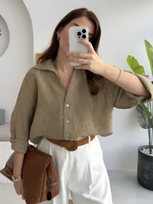 Striped Oversized Shirt - Olive Green