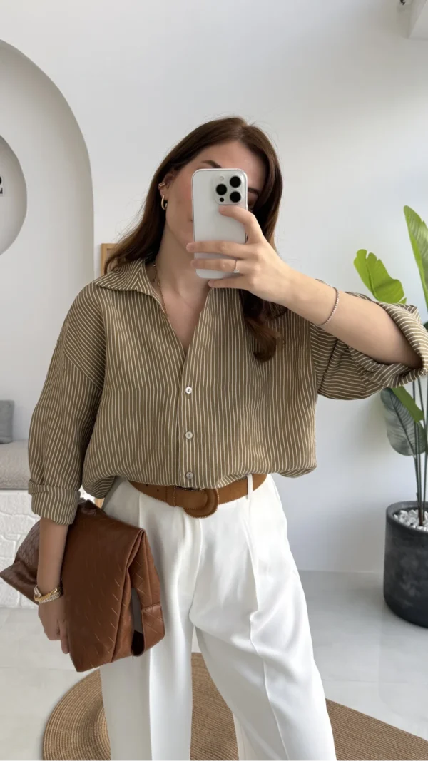 Striped Oversized Shirt - Olive Green