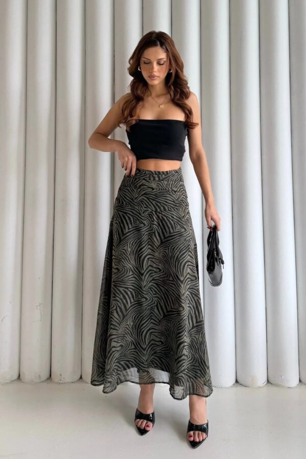 Khaki Zebra Waist Gathered Lined Chiffon Skirt