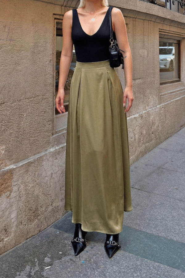 Maxi Folded Satin Skirt - Khaki Green