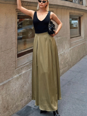 Maxi Folded Satin Skirt - Khaki Green