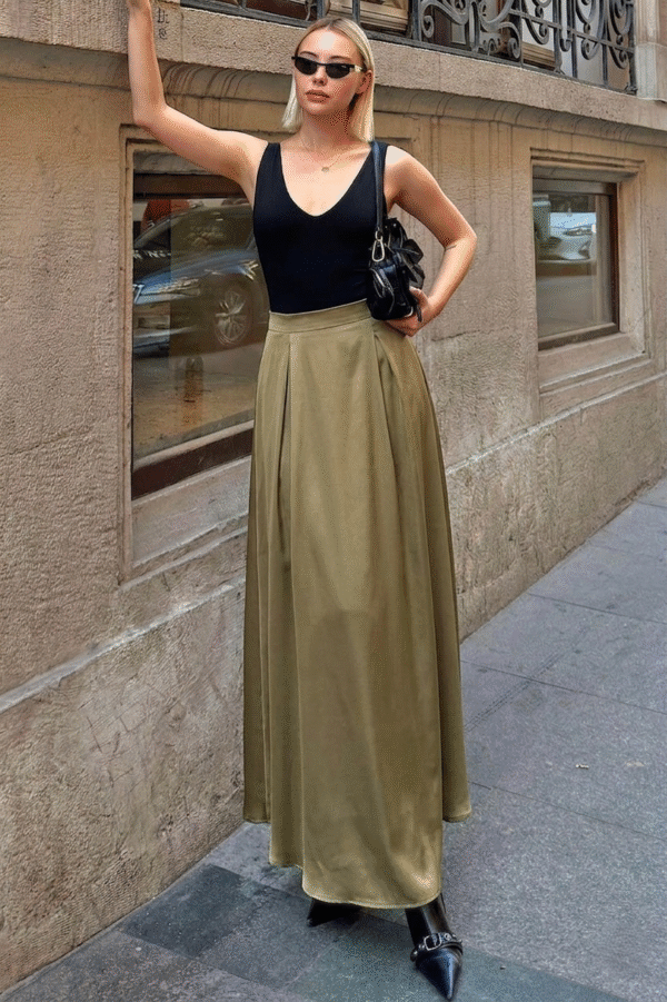 Maxi Folded Satin Skirt - Khaki Green