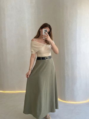 Khaki Green Belted Maxi Skirt