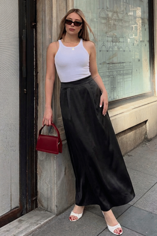 Maxi Folded Satin Skirt - Black