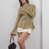 Satin Long Sleeve Blouse - Khaki Green