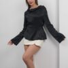 Satin Long Sleeve Blouse - Black