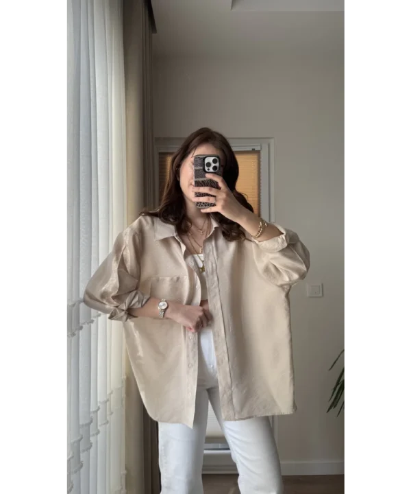 vays-tensel-gomlek-krem-43567474-sw3213sh5712 Oversize Lightweight Shirt - Beige