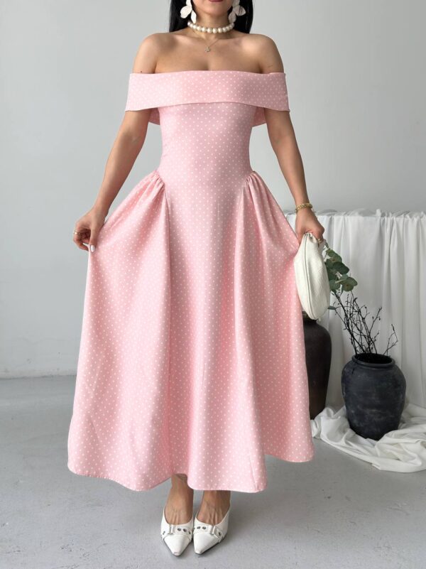 photo_6025972831964826669_y Polka Dot Off Shoulder Dress - Pink