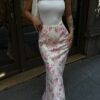1_org_zoom (3) Flower Patterned Maxi Satin Skirt - Pink