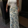 1_org_zoom (6) Flower Patterned Maxi Satin Skirt - Blue