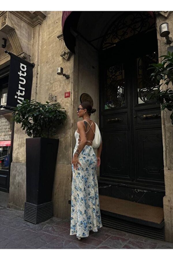 1_org_zoom (8) Flower Patterned Maxi Satin Skirt - Blue