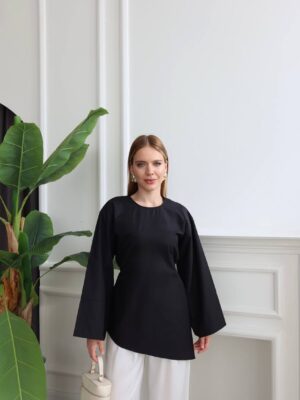 5960976636607926364 Asymmetric Tieable Blouse - Black