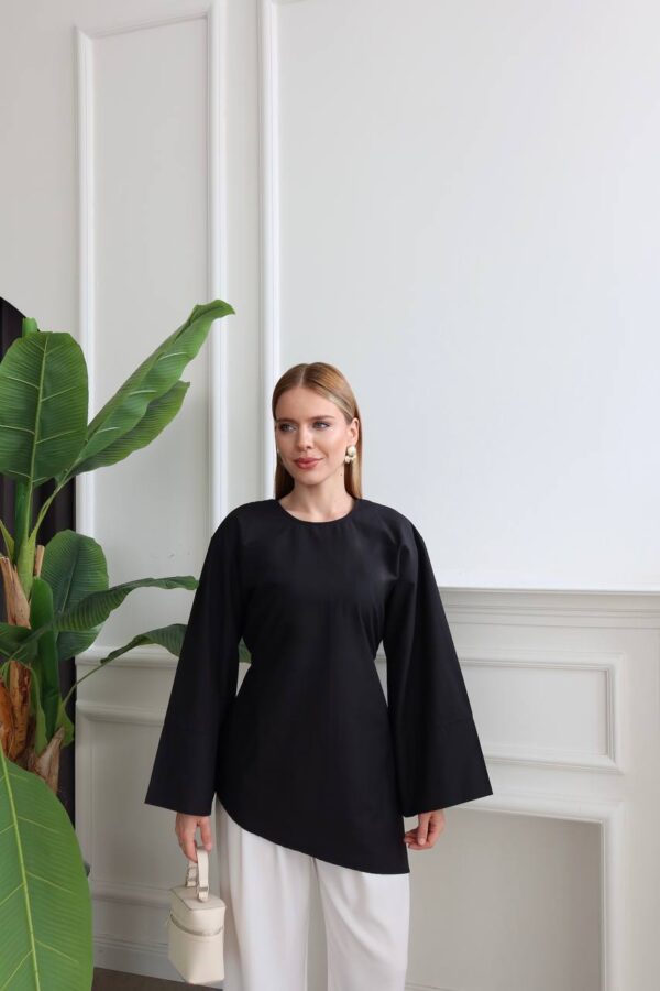5960976636607926365 Asymmetric Tieable Blouse - Black